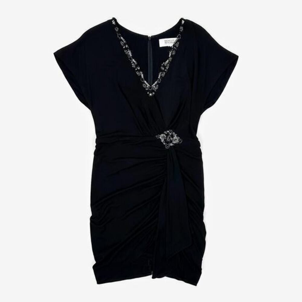 Badgley Mischka Draped Mini Dress Size L Black Embellished Glam Cocktail Holiday